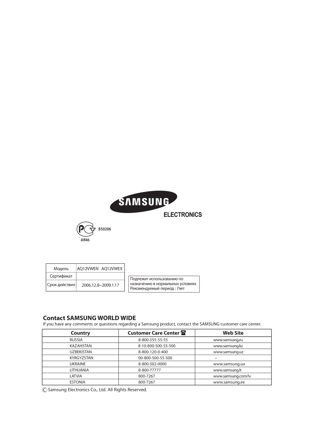 Samsung AQ12VFCNSER, AQ12VFCXSER, AQ12VBCXSER, AQ12VWENSER, AQ12VWEXSER, AQ12VBCNSER manual B50206 AЯ46 