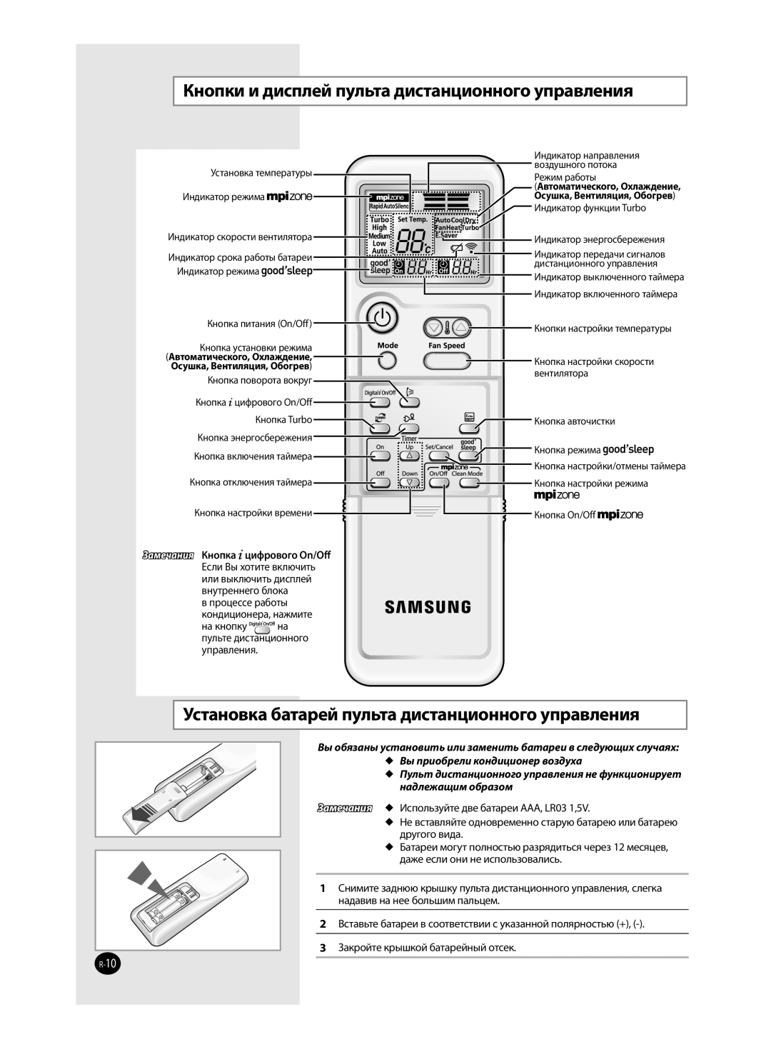 Samsung AQ12VWEXSER Кнопки и дисплей пульта дистанционного управления, Установка батарей пульта дистанционного управления 