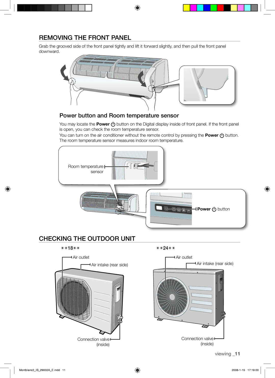 Samsung AQ24AWANSER manual Removing the Front Panel, Checking the Outdoor Unit, Power button and Room temperature sensor 