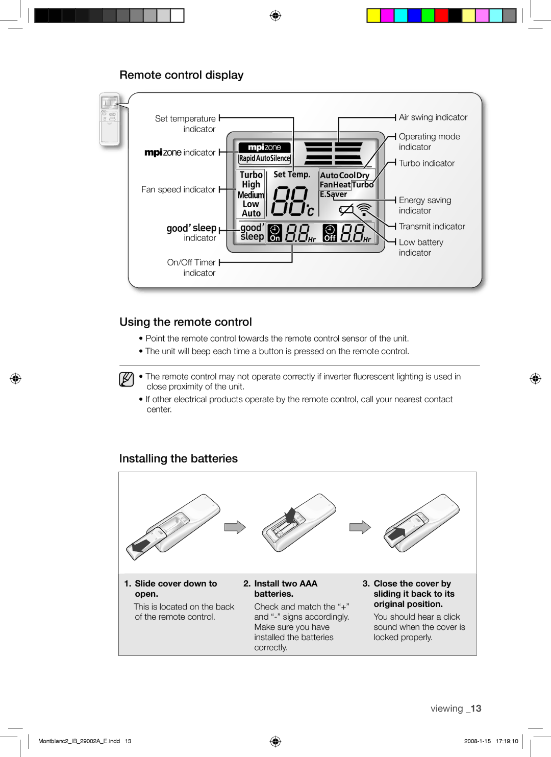 Samsung AQ18AWAXSER, AQ18AWANSER, AQ24AWANSER Remote control display, Using the remote control, Installing the batteries 