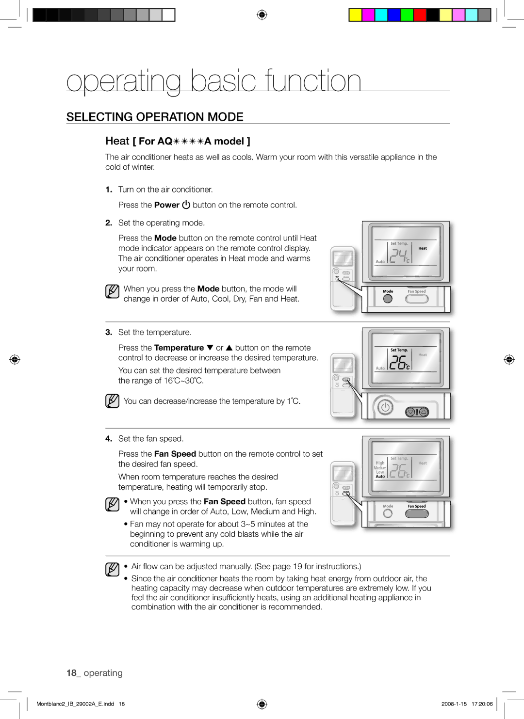 Samsung AQ18AWANSER, AQ18AWAXSER, AQ24AWANSER, AQ24AWAXSER manual Heat For AQA model 