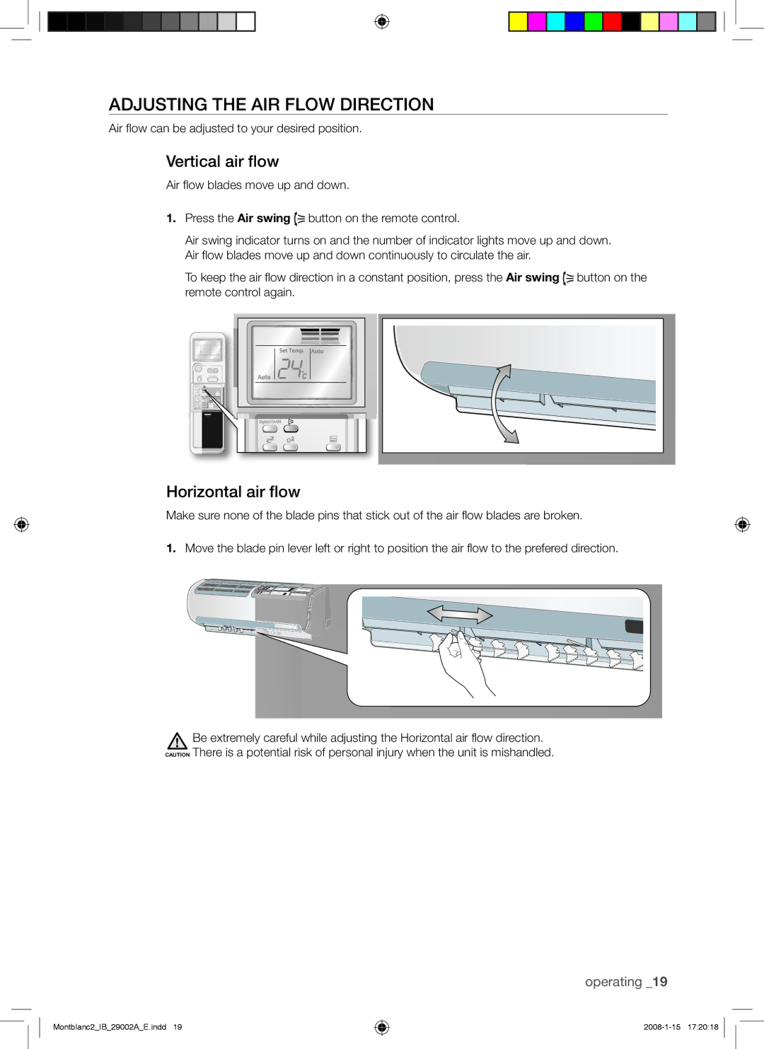 Samsung AQ24AWANSER, AQ18AWAXSER, AQ18AWANSER manual Adjusting the AIR Flow Direction, Vertical air flow, Horizontal air flow 