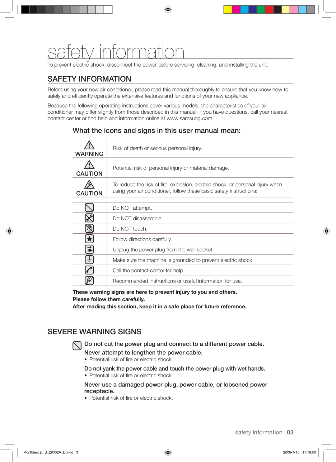 Samsung AQ24AWANSER, AQ18AWAXSER, AQ18AWANSER, AQ24AWAXSER manual Safety information, Safety Information, Severe Warning Signs 