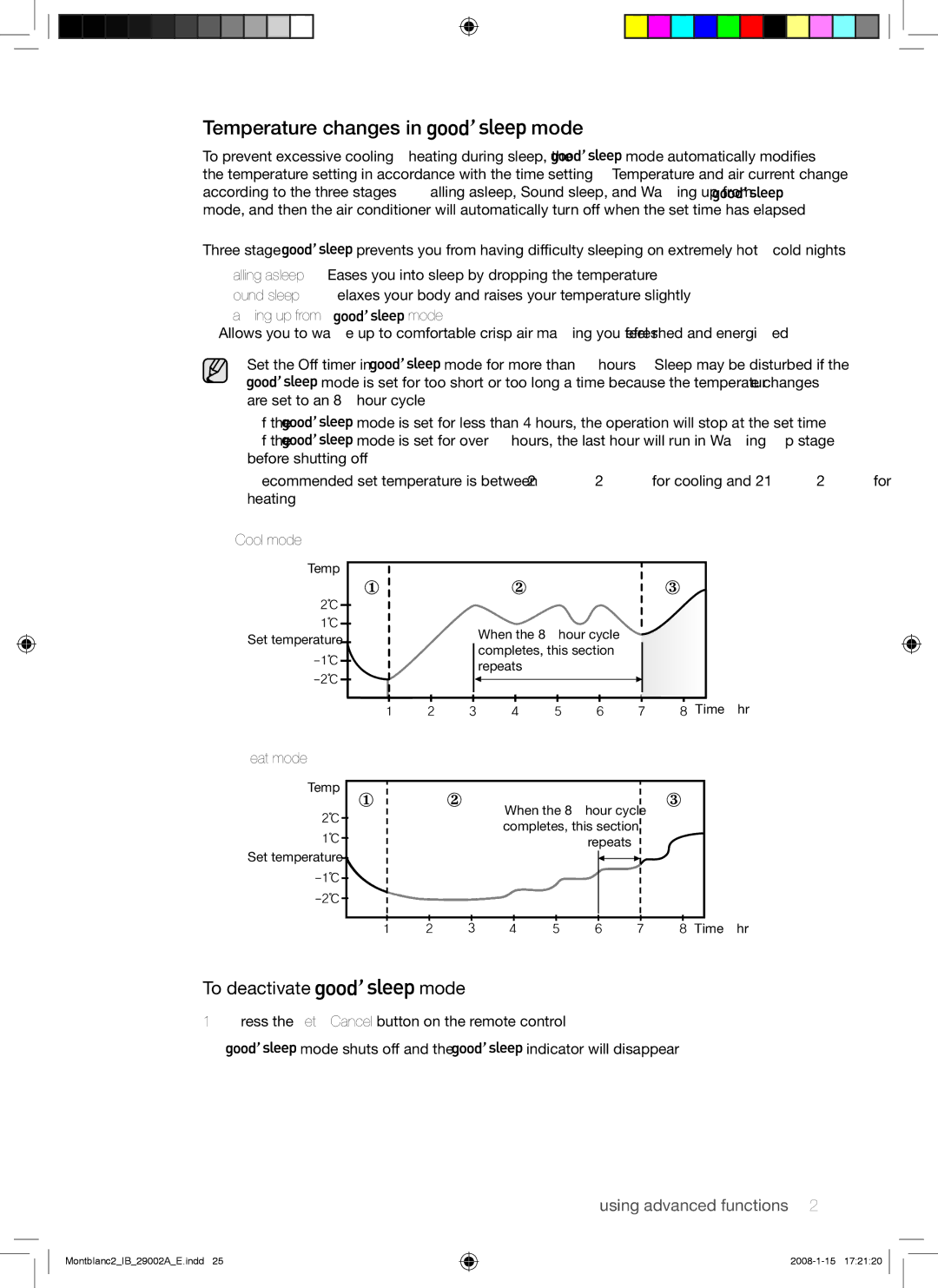 Samsung AQ18AWAXSER, AQ18AWANSER, AQ24AWANSER, AQ24AWAXSER manual Temperature changes in mode, To deactivate mode 