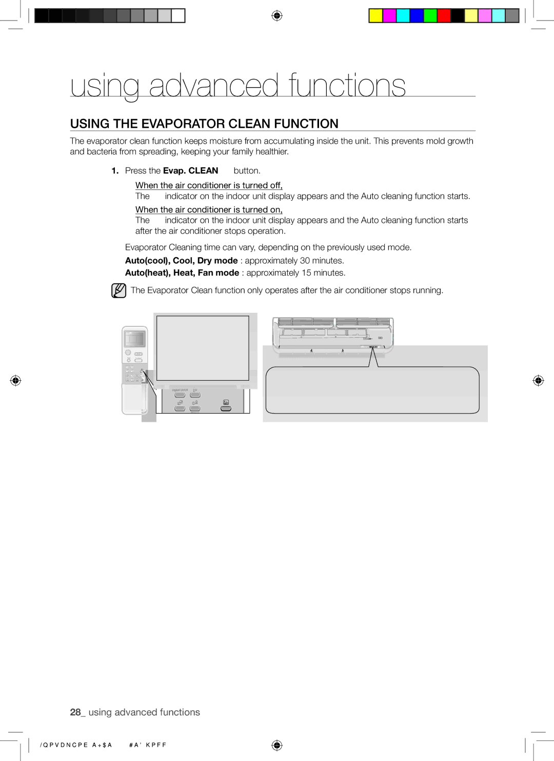 Samsung AQ24AWAXSER, AQ18AWAXSER, AQ18AWANSER, AQ24AWANSER manual Using the Evaporator Clean Function 