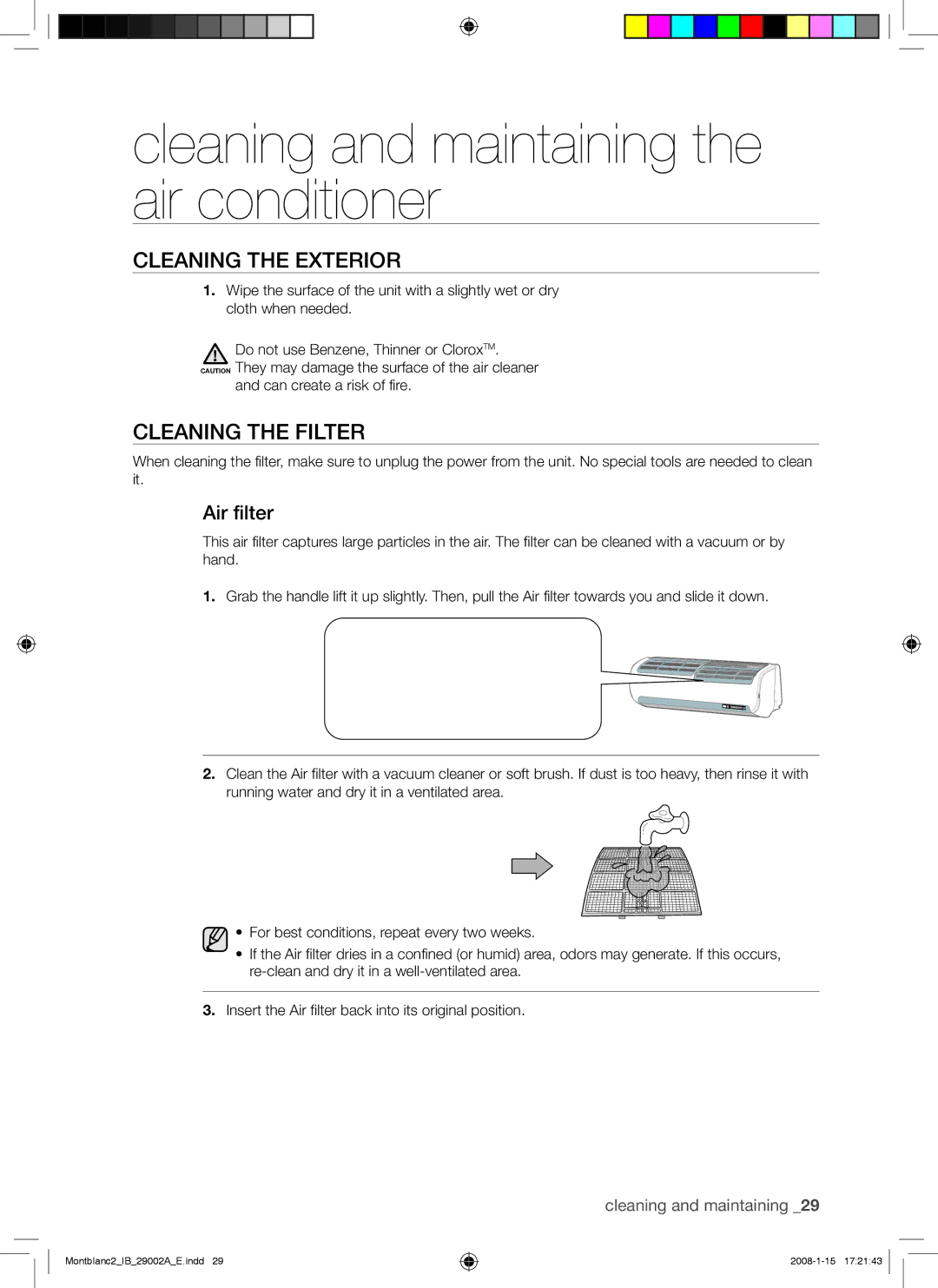 Samsung AQ18AWAXSER Cleaning and maintaining the air conditioner, Cleaning the Exterior, Cleaning the Filter, Air filter 