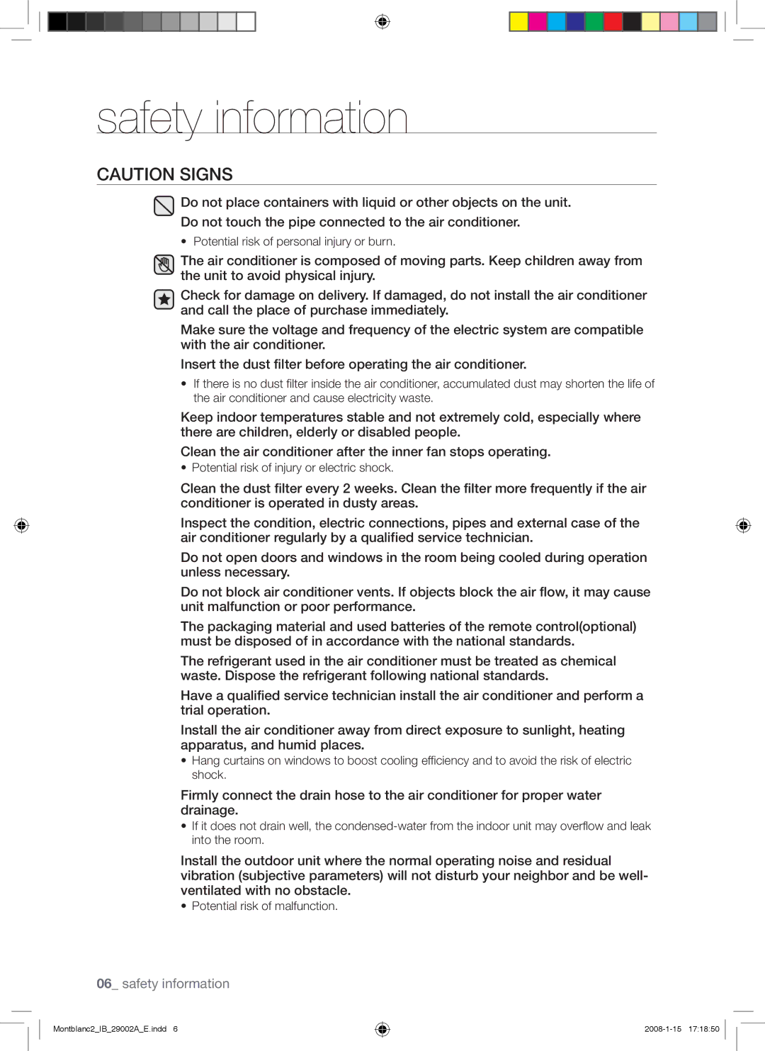 Samsung AQ18AWANSER, AQ18AWAXSER, AQ24AWANSER, AQ24AWAXSER manual Potential risk of personal injury or burn 