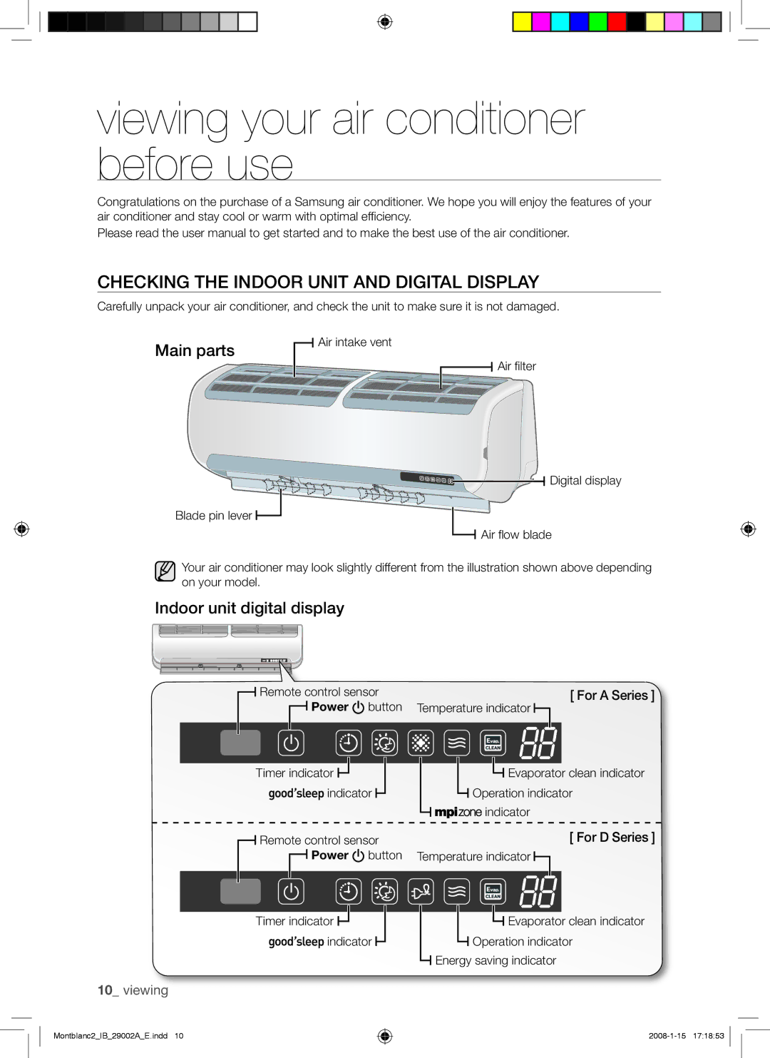 Samsung AQ18AWANSER Viewing your air conditioner before use, Checking the Indoor Unit and Digital Display, Main parts 