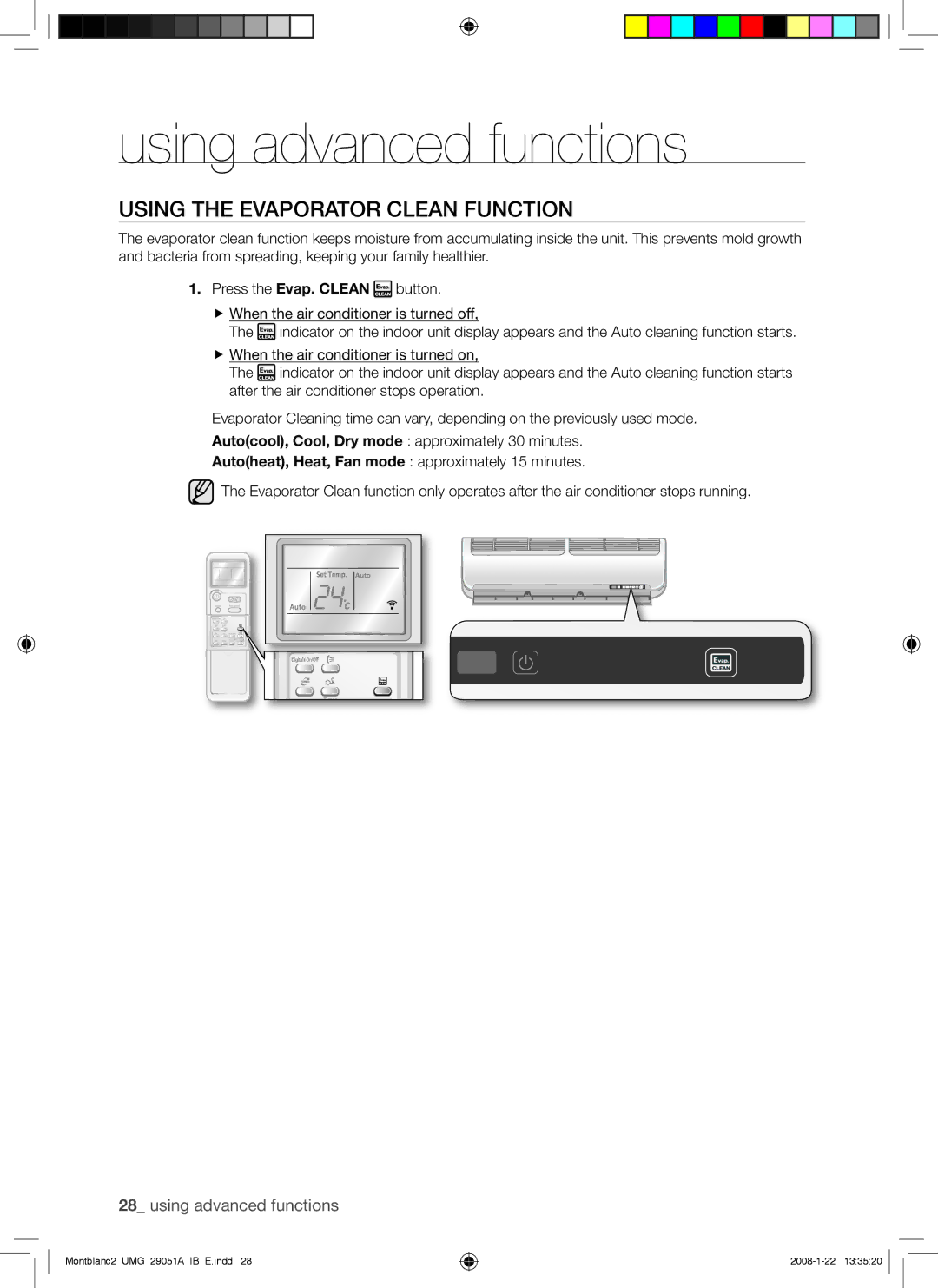 Samsung AS24DWANMID, AQ18DWAUMG Using the Evaporator Clean Function, Autoheat, Heat, Fan mode approximately 15 minutes 