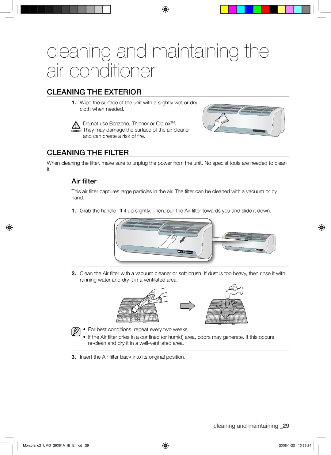 Samsung AS24DWAXUMG Cleaning and maintaining the air conditioner, Cleaning the Exterior, Cleaning the Filter, Air filter 