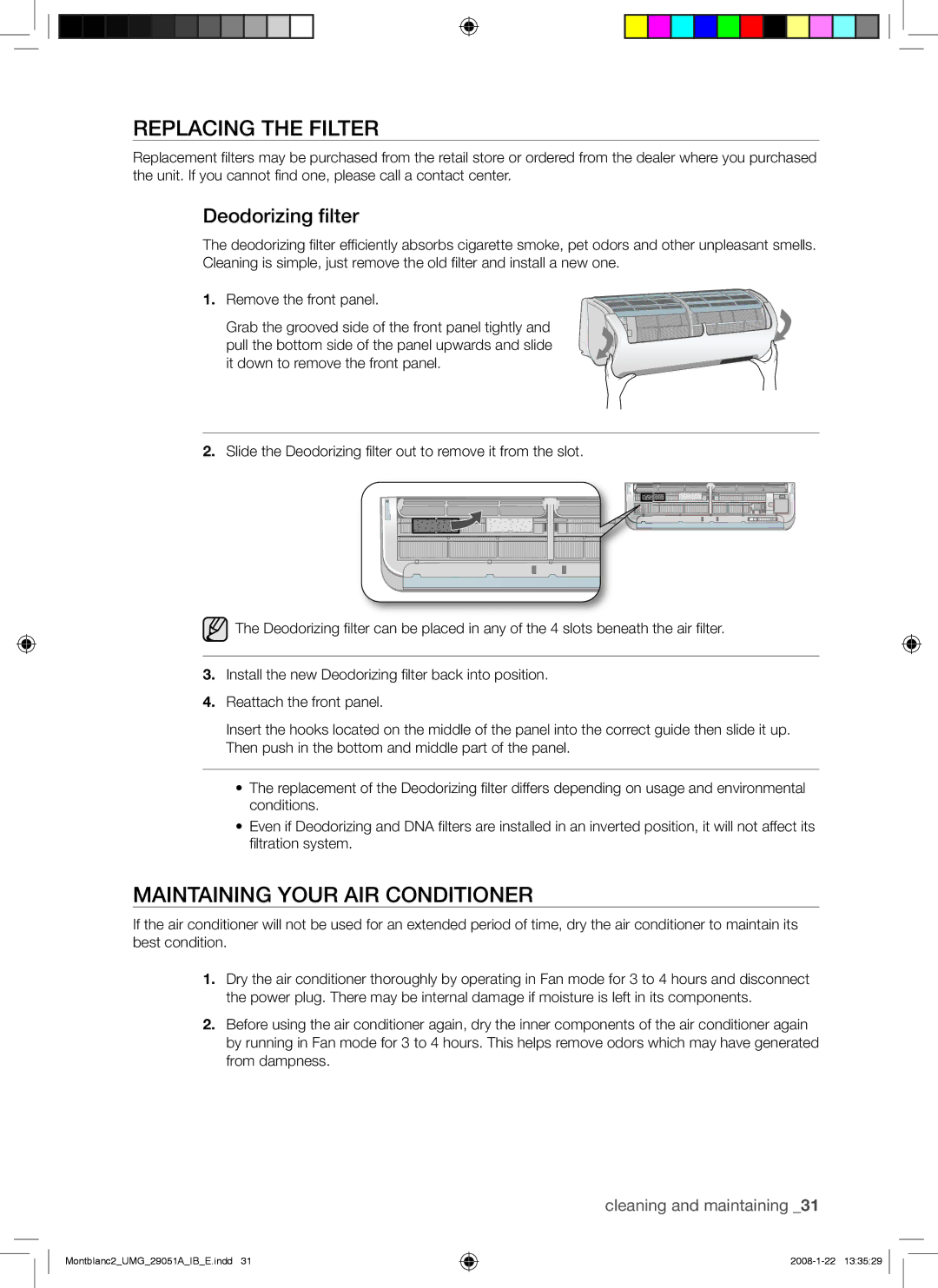 Samsung AS18DWAMID, AQ18DWAUMG, AS24DWANMID manual Replacing the Filter, Maintaining Your AIR Conditioner, Deodorizing filter 