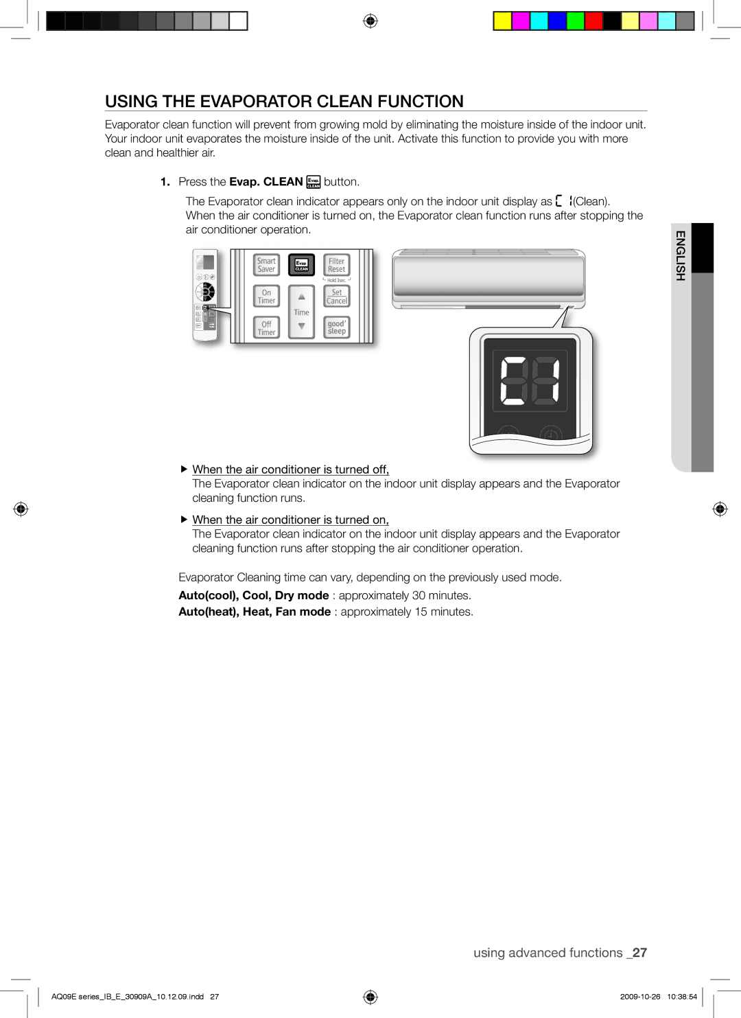 Samsung AQ24ESAXUMG, AQ18ESANUMG, AQ18ESAXUMG, AQ24ESANUMG manual Using the Evaporator Clean Function 