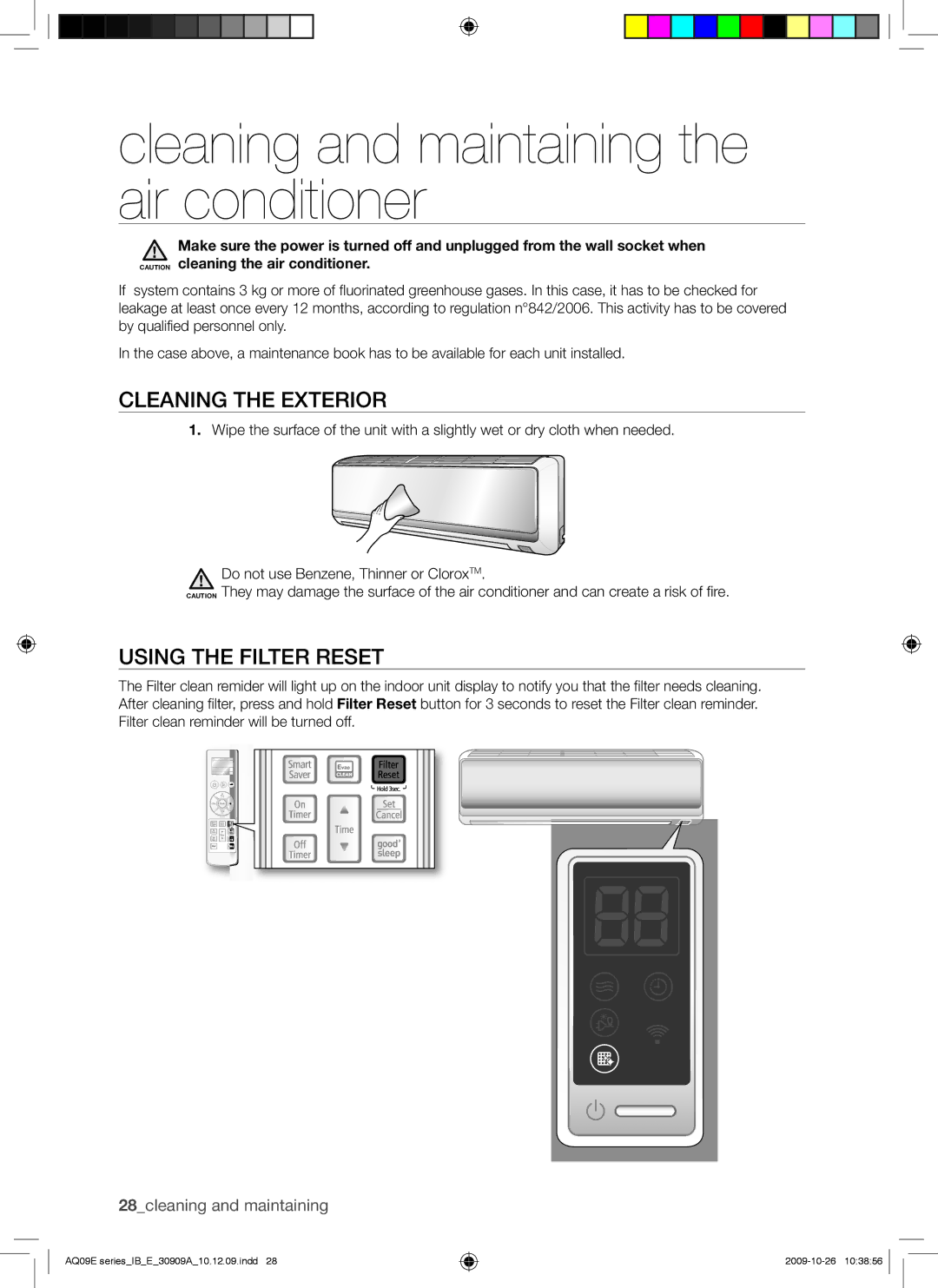 Samsung AQ18ESANUMG manual Cleaning and maintaining the air conditioner, Cleaning the Exterior, Using the Filter Reset 