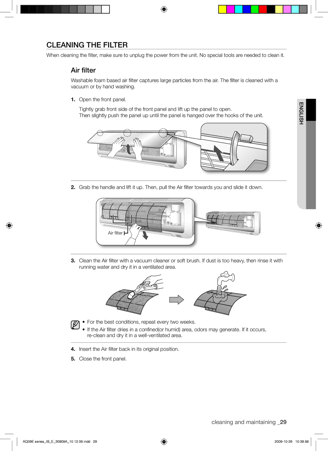 Samsung AQ18ESAXUMG, AQ18ESANUMG, AQ24ESANUMG, AQ24ESAXUMG manual Cleaning the Filter, Air filter 