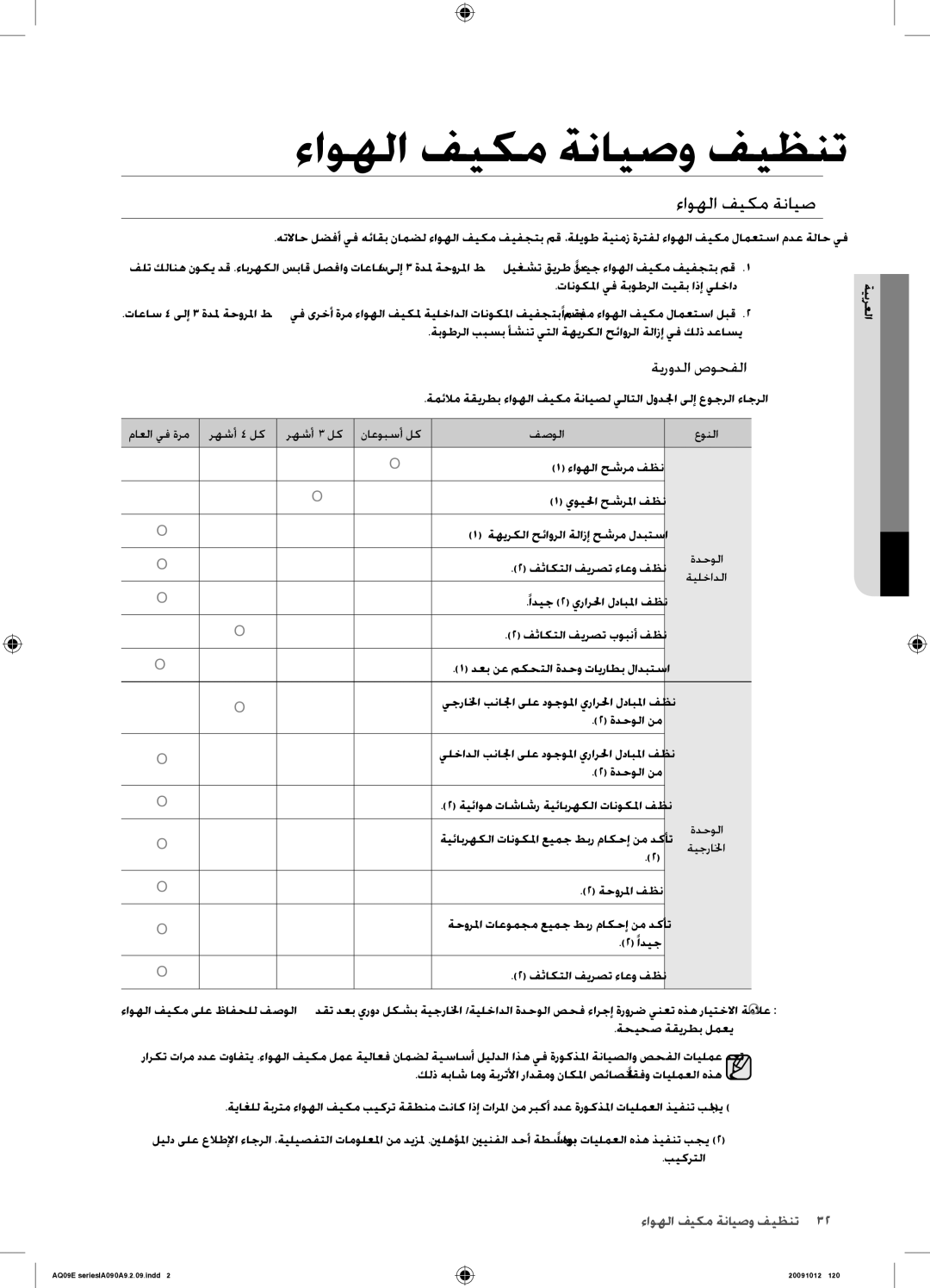 Samsung AQ18ESANUMG, AQ18ESAXUMG, AQ24ESANUMG, AQ24ESAXUMG manual ءاوهلا فيكم ةنايص, ةيرودلا صوحفلا 