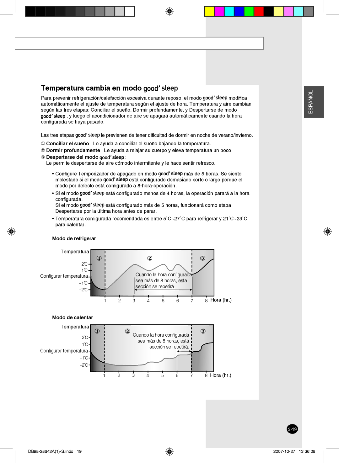 Samsung AQ18FCNMID manual Despertarse del modo, Modo de refrigerar, Temperatura Conﬁgurar temperatura, Modo de calentar 