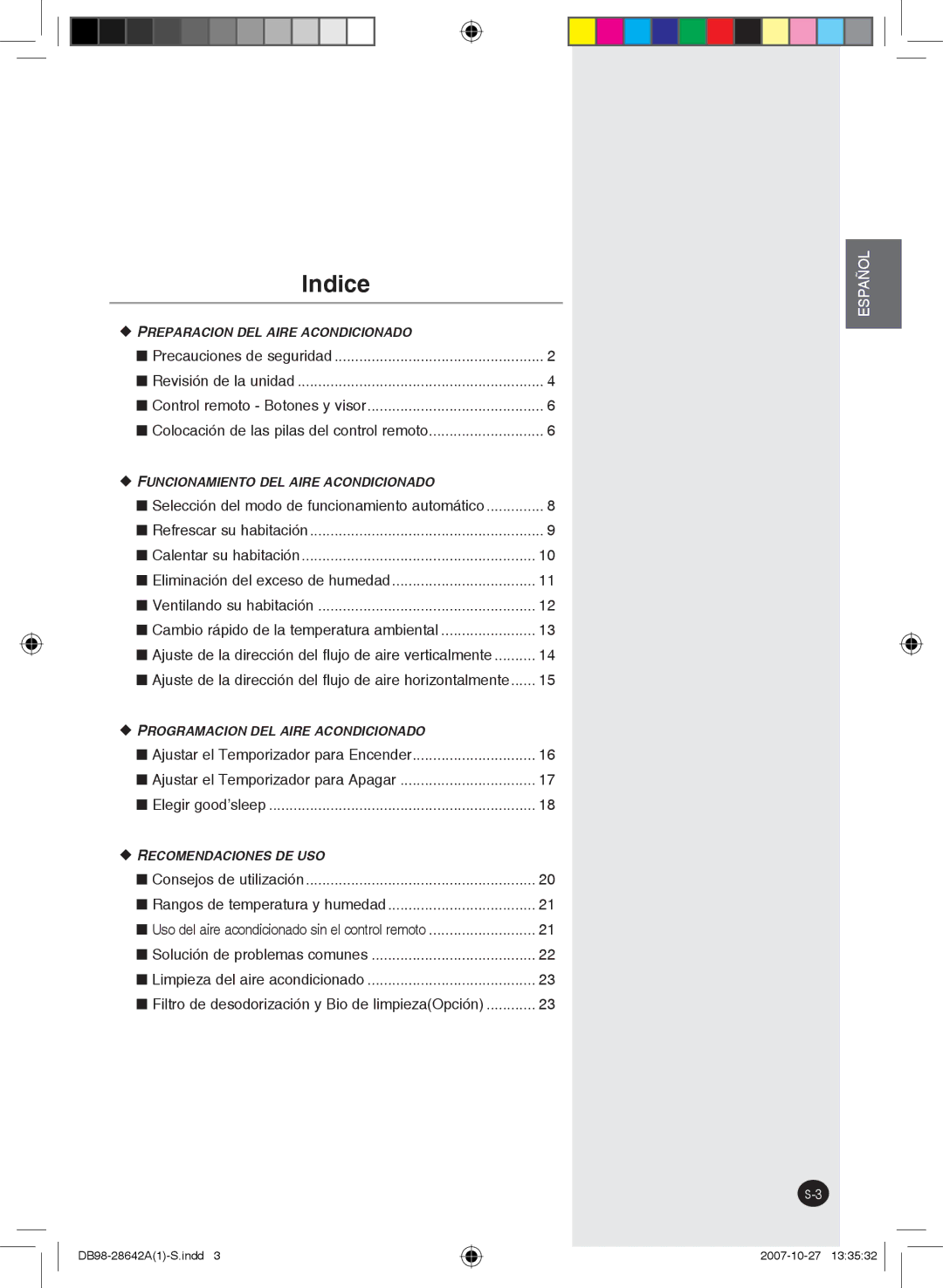 Samsung AQ09FCNMID manual Indice, Selección del modo de funcionamiento automático, Eliminación del exceso de humedad 