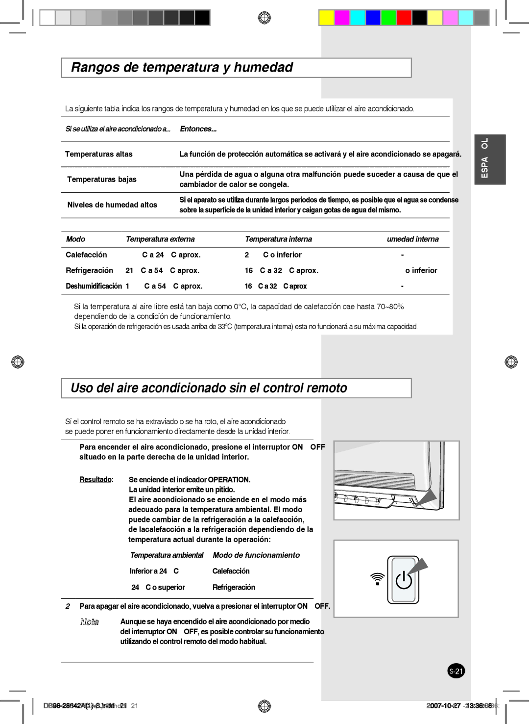 Samsung AQ09FCNMID, AQ18FCNMID Rangos de temperatura y humedad, Uso del aire acondicionado sin el control remoto, Entonces 