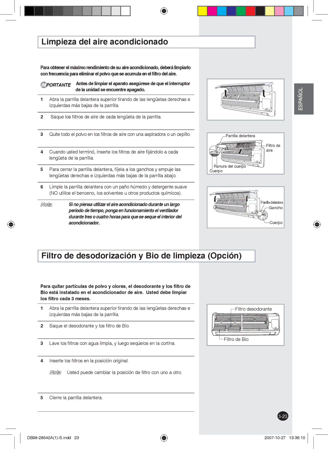 Samsung AQ12FEXMID, AQ18FCNMID manual Limpieza del aire acondicionado, Filtro de desodorización y Bio de limpieza Opción 