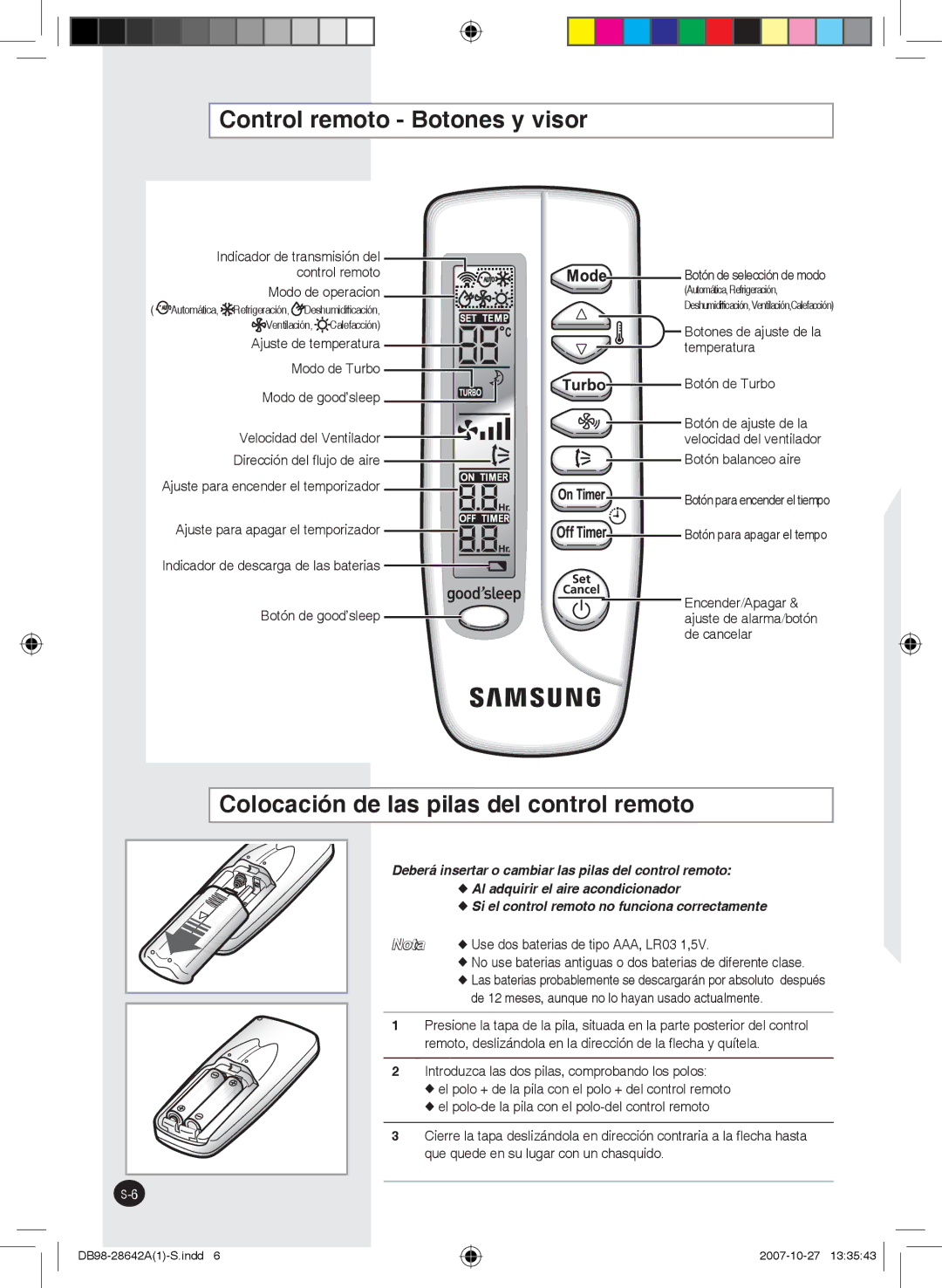 Samsung AQ18FCXMID manual Control remoto Botones y visor, Colocación de las pilas del control remoto, Modo de operacion 