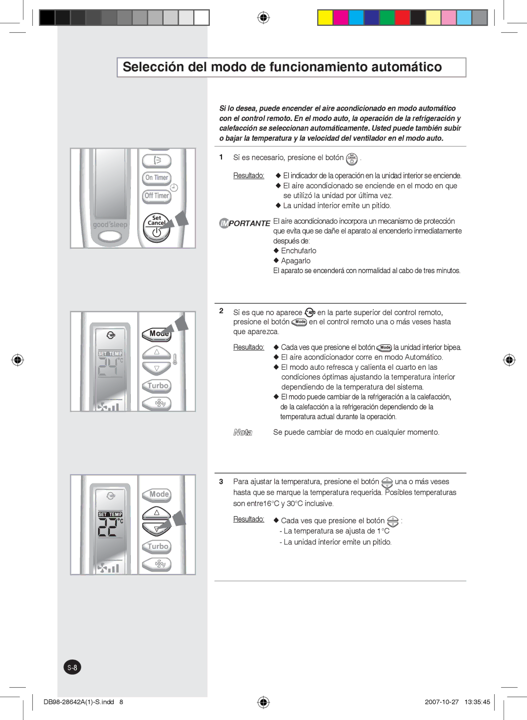 Samsung AQ12FENMID, AQ18FCNMID manual Selección del modo de funcionamiento automático, Si es necesario, presione el botón 