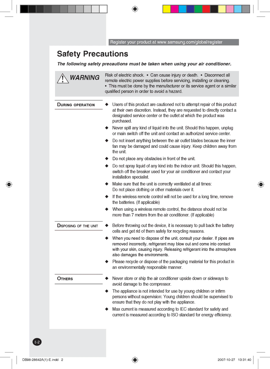 Samsung AQ12FENMID, AQ18FCNMID, AQ09FCNMID, AQ09FCXMID, AQ12FEXMID, AQ18FCXMID manual Safety Precautions 