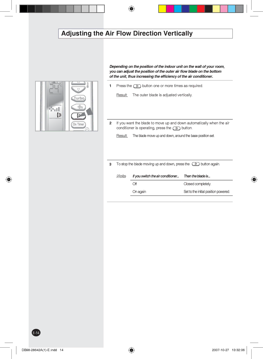 Samsung AQ12FENMID, AQ18FCNMID, AQ09FCNMID manual Adjusting the Air Flow Direction Vertically, Off Closed completely On again 