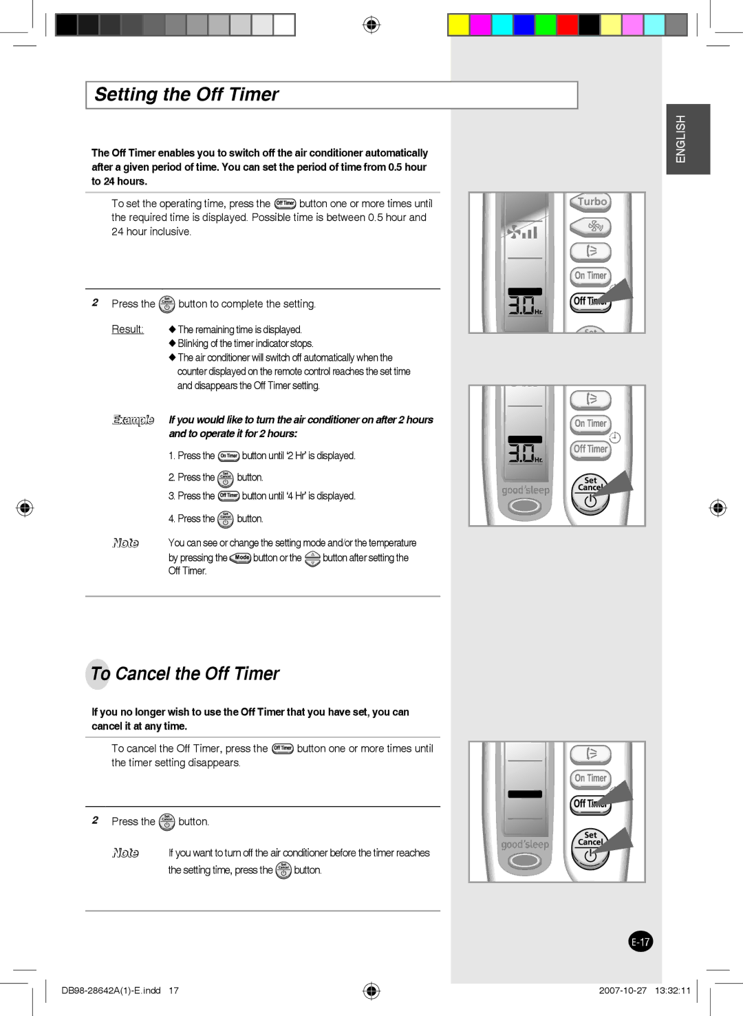 Samsung AQ12FEXMID, AQ18FCNMID, AQ12FENMID, AQ09FCNMID Setting the Off Timer, To Cancel the Off Timer, By pressing Button or 