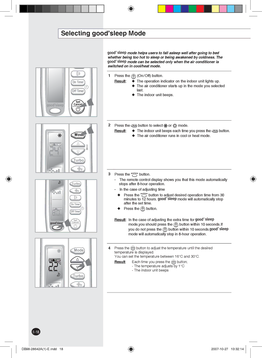 Samsung AQ18FCXMID, AQ18FCNMID manual Selecting good’sleep Mode, Press On/Off button, Result, Last,  The indoor unit beeps 