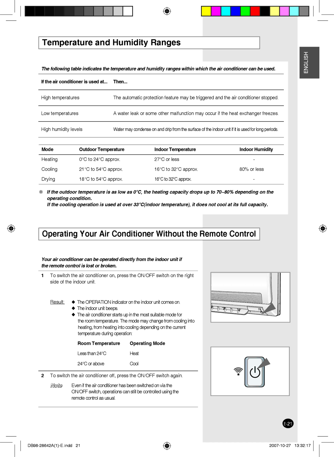 Samsung AQ09FCNMID, AQ18FCNMID Temperature and Humidity Ranges, Operating Your Air Conditioner Without the Remote Control 