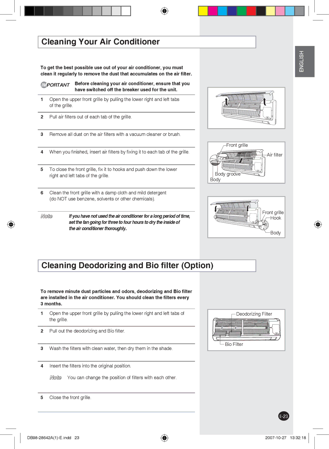 Samsung AQ12FEXMID, AQ18FCNMID, AQ12FENMID manual Cleaning Your Air Conditioner, Cleaning Deodorizing and Bio ﬁlter Option 