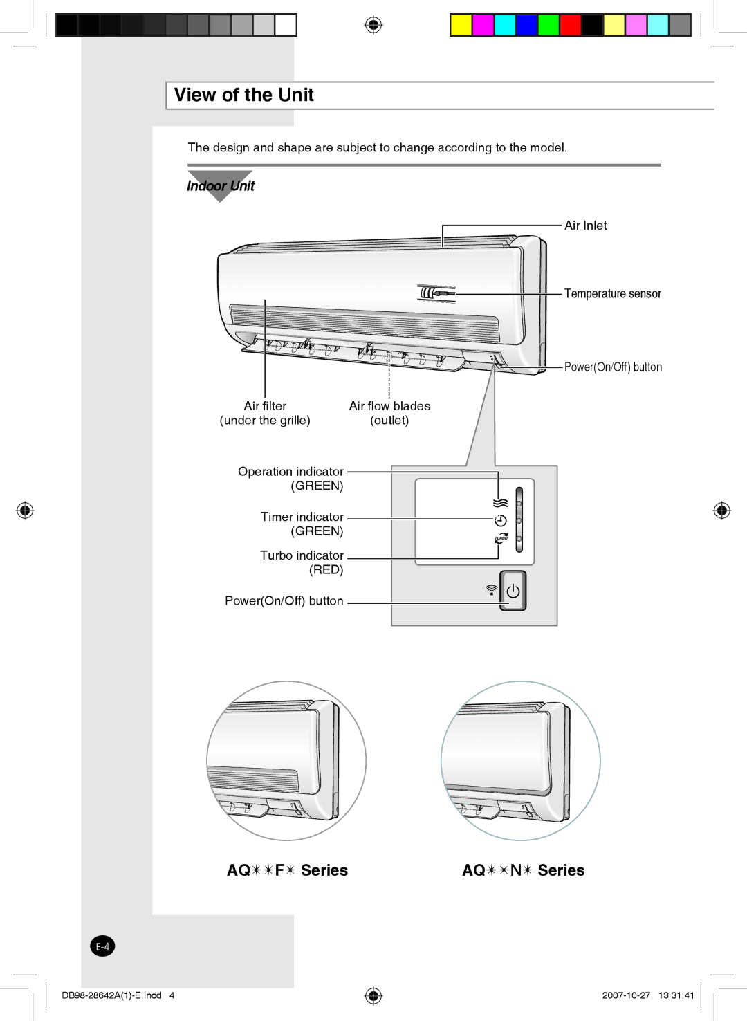 Samsung AQ09FCXMID, AQ18FCNMID, AQ12FENMID, AQ09FCNMID, AQ12FEXMID, AQ18FCXMID manual View of the Unit, Under the grille 