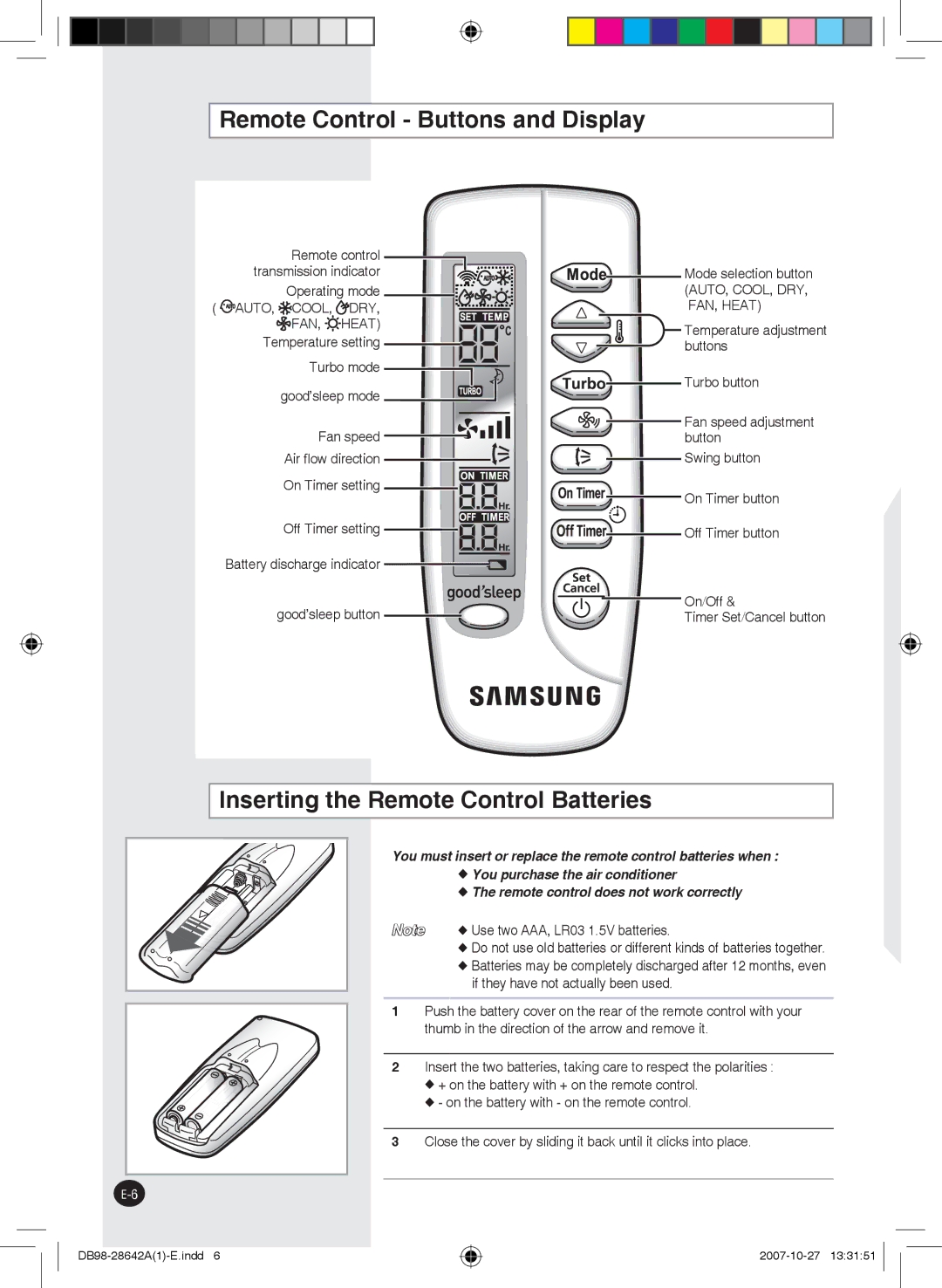 Samsung AQ18FCXMID manual Remote Control Buttons and Display, Inserting the Remote Control Batteries, Temperature setting 