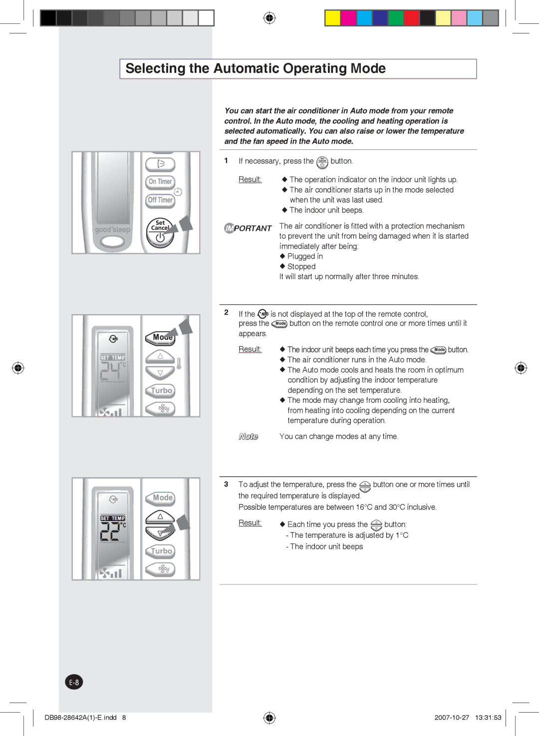 Samsung AQ12FENMID Selecting the Automatic Operating Mode, If necessary, press the button, Result Each time you press 