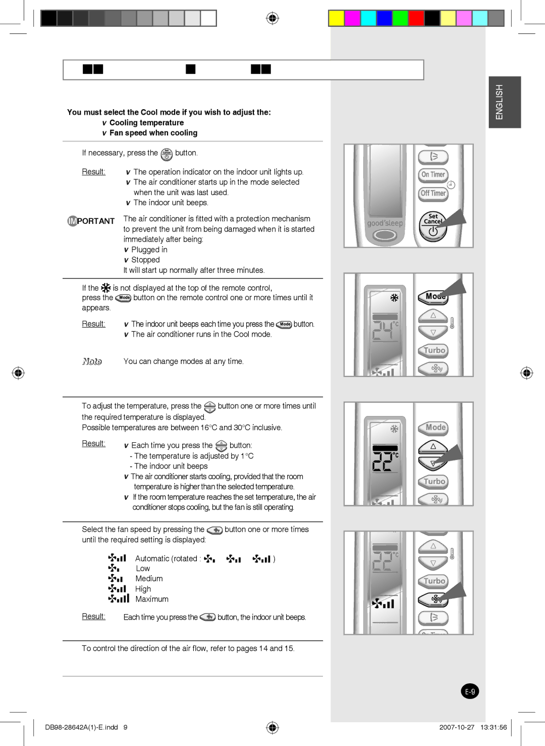 Samsung AQ09FCNMID, AQ18FCNMID, AQ12FENMID Cooling Your Room, To control the direction of the air ﬂow, refer to pages 14 