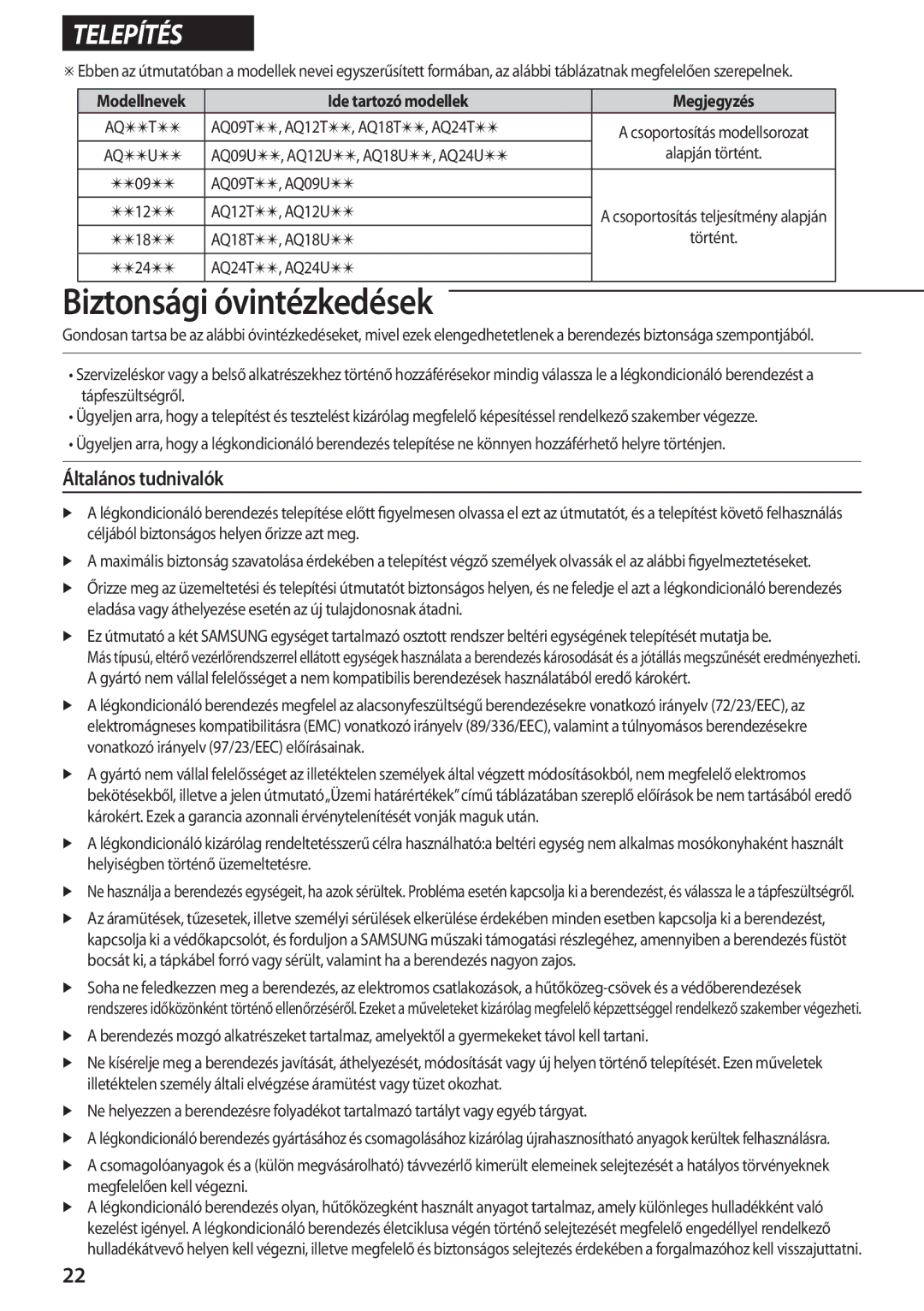 Samsung AQ12TSBXEUR, AQ18TSBN, AQ18TSBX, AQ24TSBNEUR, AQ12TSBNEUR, AQ24TSBX manual Általános tudnivalók, Ide tartozó modellek 