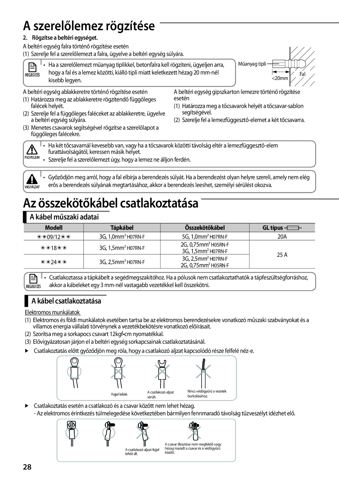 Samsung AQ12TSBN, AQ18TSBN, AQ24TSBN manual Az összekötőkábel csatlakoztatása, Kábel műszaki adatai, Kábel csatlakoztatása 