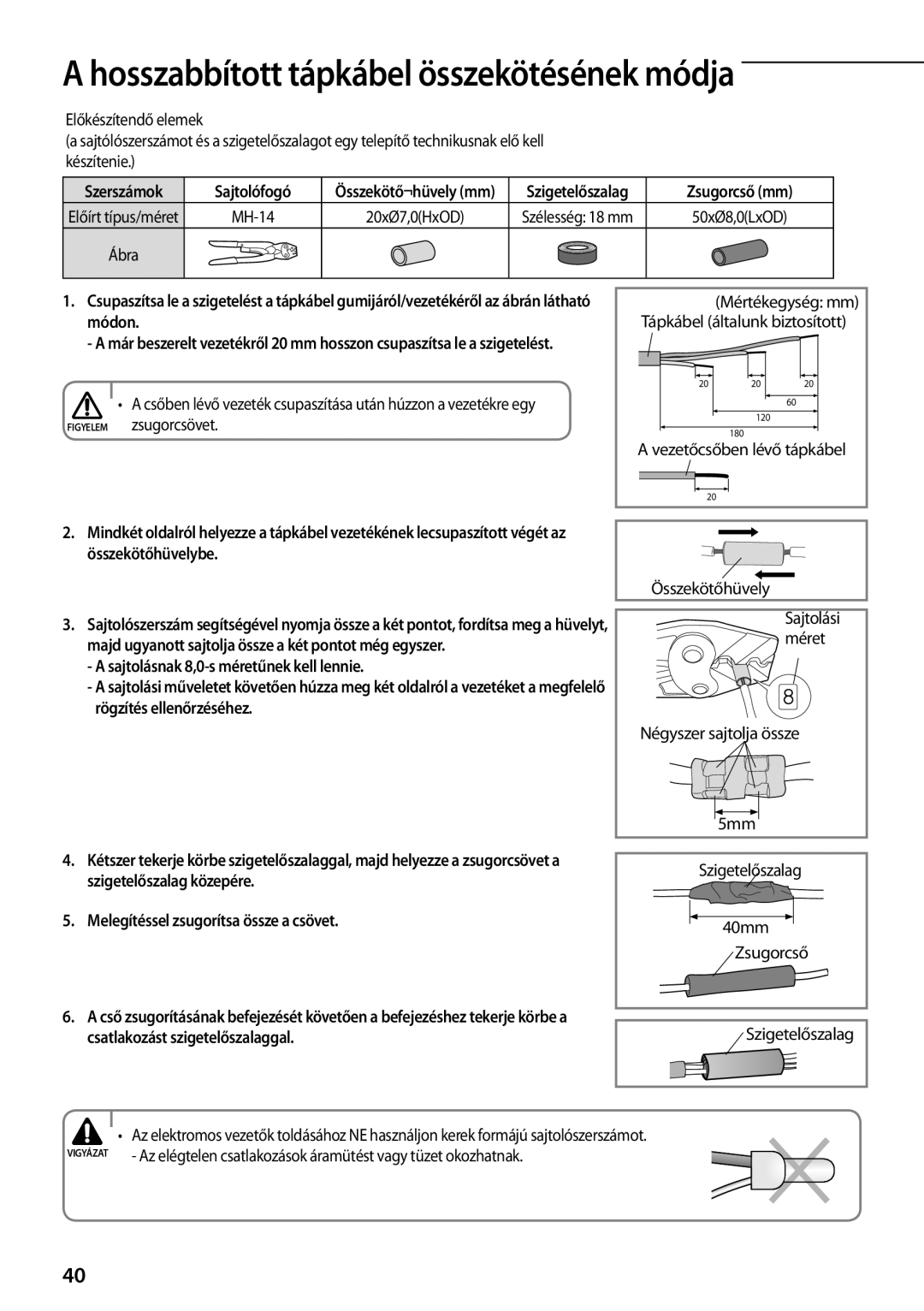 Samsung AQ18TSBX, AQ18TSBN, AQ24TSBN Melegítéssel zsugorítsa össze a csövet, Mértékegység mm Tápkábel általunk biztosított 