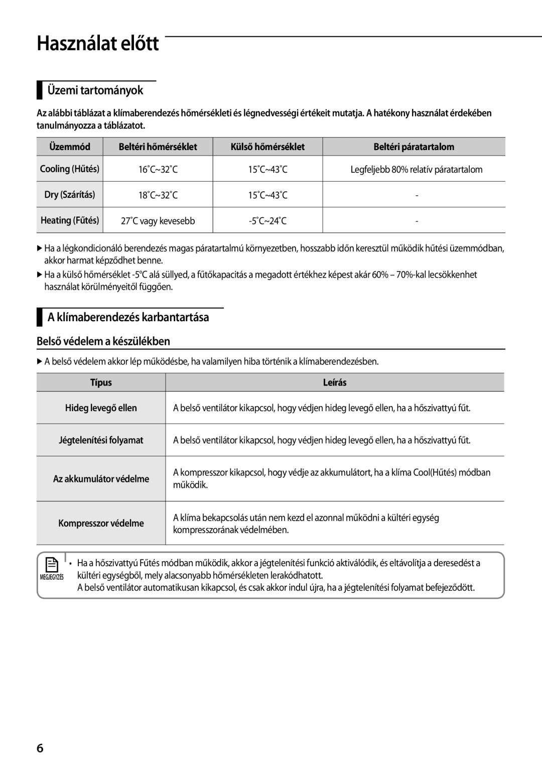 Samsung AQ24TSBX, AQ18TSBN Használat előtt, Üzemi tartományok, Klímaberendezés karbantartása Belső védelem a készülékben 