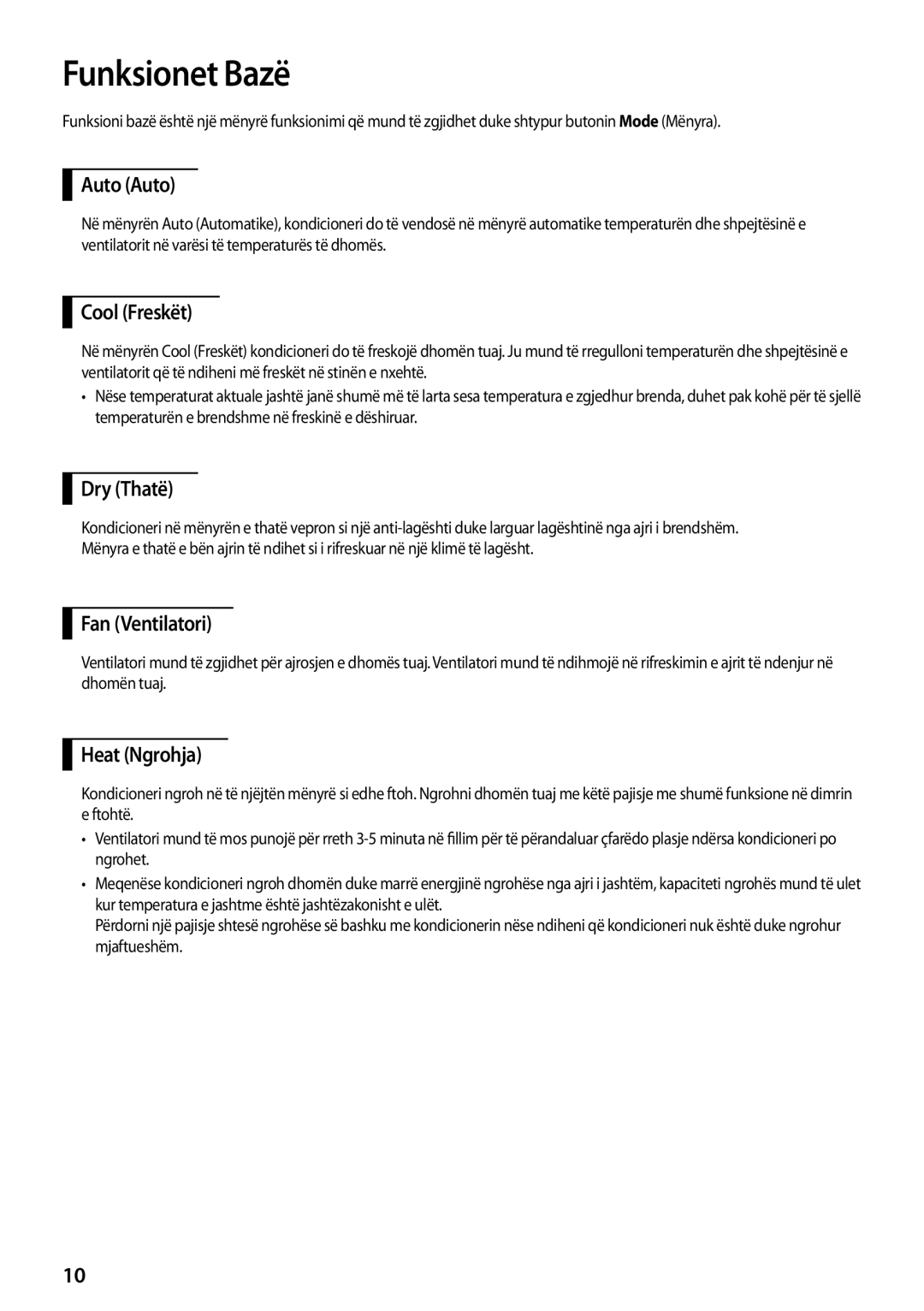 Samsung AQ12TSBNCEE, AQ24TSBN, AQ24TSBX, AQ09TSBX, AQ12TSBXCEE, AQ09TSBN, AQ18TSBNCEE, AQ18TSBXCEE manual Funksionet Bazë 