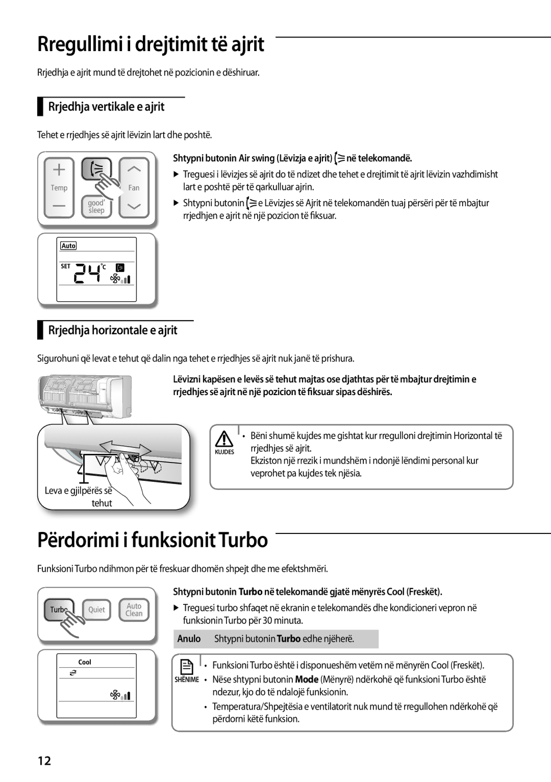 Samsung AQ24TSBNCEE, AQ18TSBN Rregullimi i drejtimit të ajrit, Përdorimi i funksionit Turbo, Rrjedhja vertikale e ajrit 