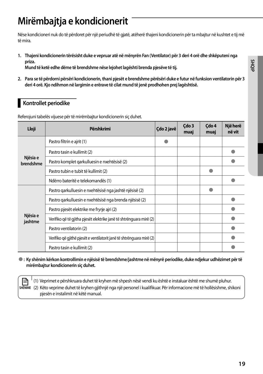 Samsung AQ24TSBX, AQ18TSBN, AQ24TSBN, AQ18TSBX, AQ09TSBX, AQ12TSBXCEE manual Mirëmbajtja e kondicionerit, Kontrollet periodike 