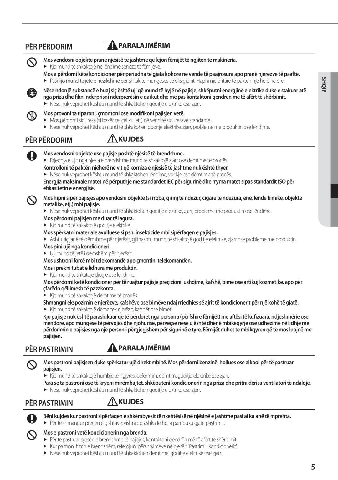 Samsung AQ12TSBXCEE, AQ24TSBN, AQ24TSBX, AQ09TSBX, AQ09TSBN, AQ18TSBNCEE, AQ12TSBNCEE, AQ18TSBXCEE manual PËR Pastrimin 