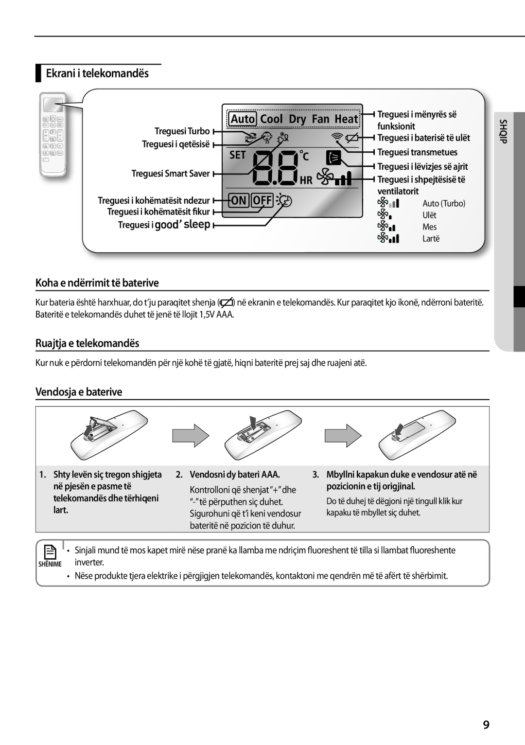 Samsung AQ18TSBNCEE manual Ekrani i telekomandës, Koha e ndërrimit të baterive, Ruajtja e telekomandës, Vendosja e baterive 