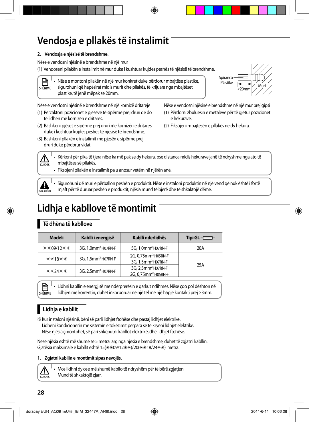 Samsung AQ12TSBNCEE, AQ18TSBN, AQ24TSBN, AQ18TSBX manual Lidhja e kabllove të montimit, Të dhëna të kabllove, Lidhja e kabllit 