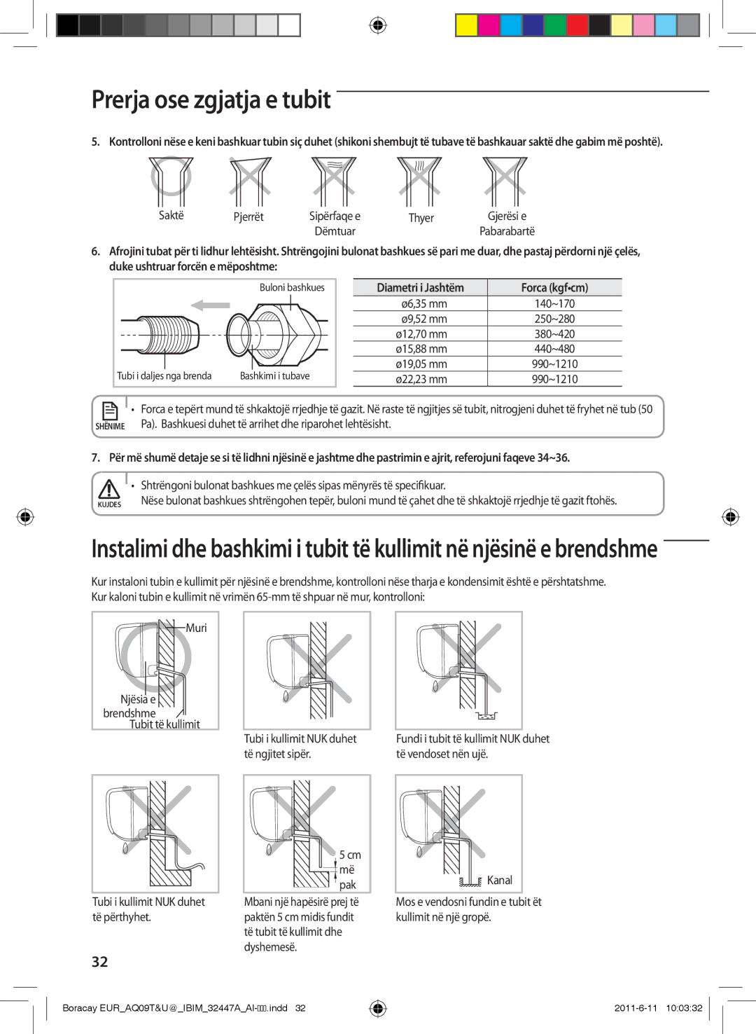 Samsung AQ24TSBNCEE, AQ18TSBN, AQ18TSBX, AQ24TSBX, AQ09TSBX manual Saktë Pjerrët, Thyer, Forca kgfcm, Muri, Tubit të kullimit 