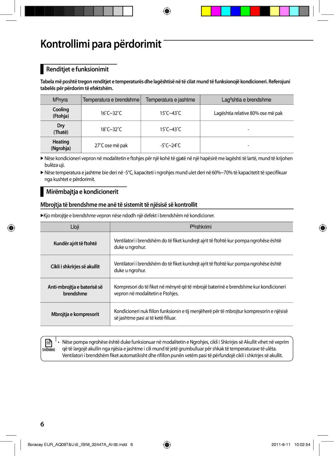 Samsung AQ12TSBN, AQ18TSBN, AQ24TSBN, AQ18TSBX, AQ24TSBX, AQ09TSBX manual Kontrollimi para përdorimit, Renditjet e funksionimit 