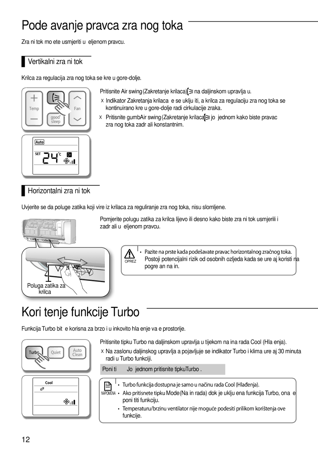 Samsung AQ24TSBNCEE, AQ18TSBN, AQ18TSBX Podešavanje pravca zračnog toka, Korištenje funkcije Turbo, Vertikalni zračni tok 