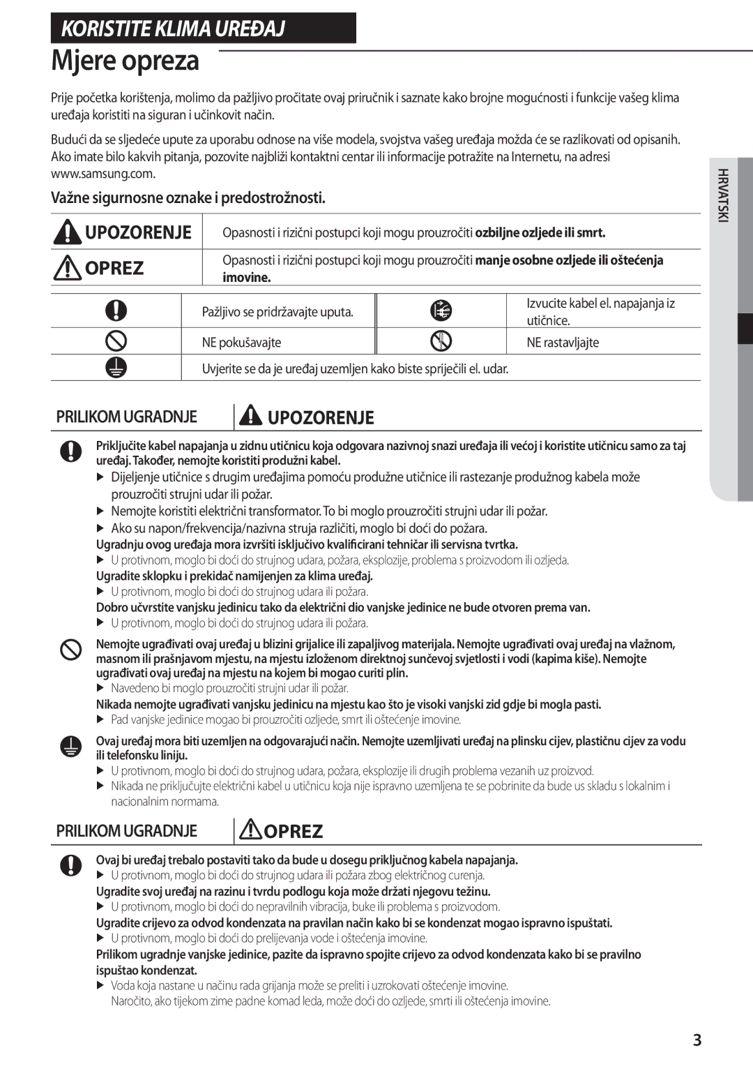 Samsung AQ24TSBX, AQ18TSBN, AQ24TSBN, AQ18TSBX, AQ09TSBX Mjere opreza, Važne sigurnosne oznake i predostrožnosti, Imovine 