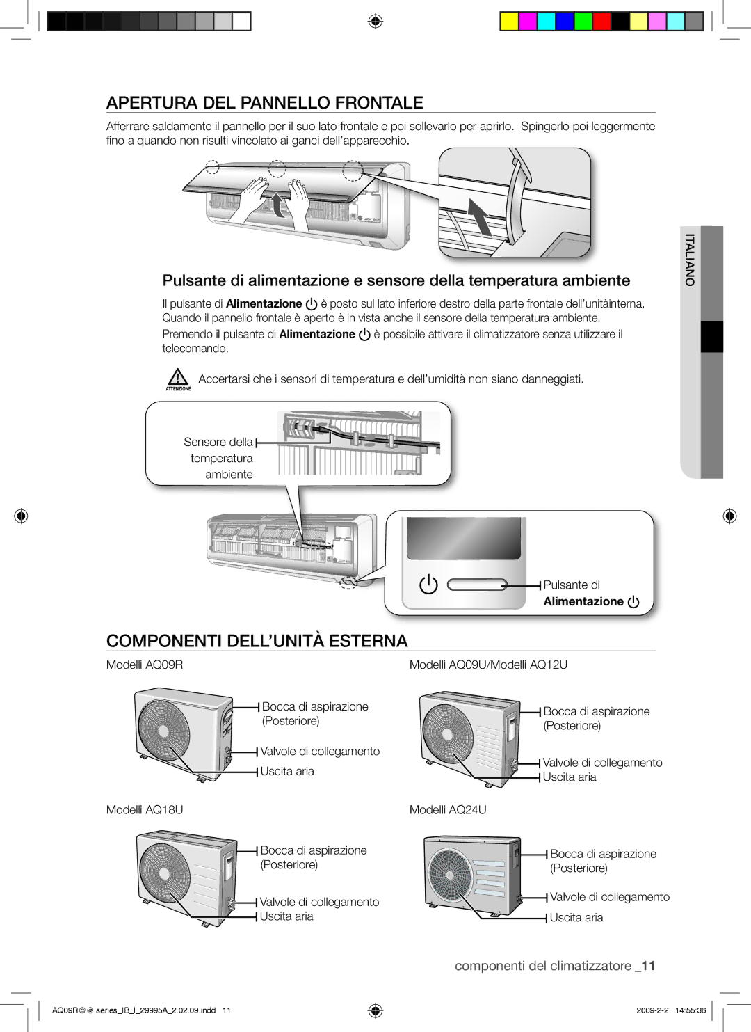 Samsung AQ24UGAN, AQ18UGAN, AQ12UGBX, AQ24UGAX Apertura DEL Pannello Frontale, Componenti DELL’UNITÀ Esterna, Modelli AQ09R 